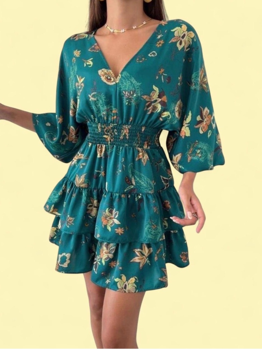 Zara Teal Floral V-Neck Tiered Mini Dress